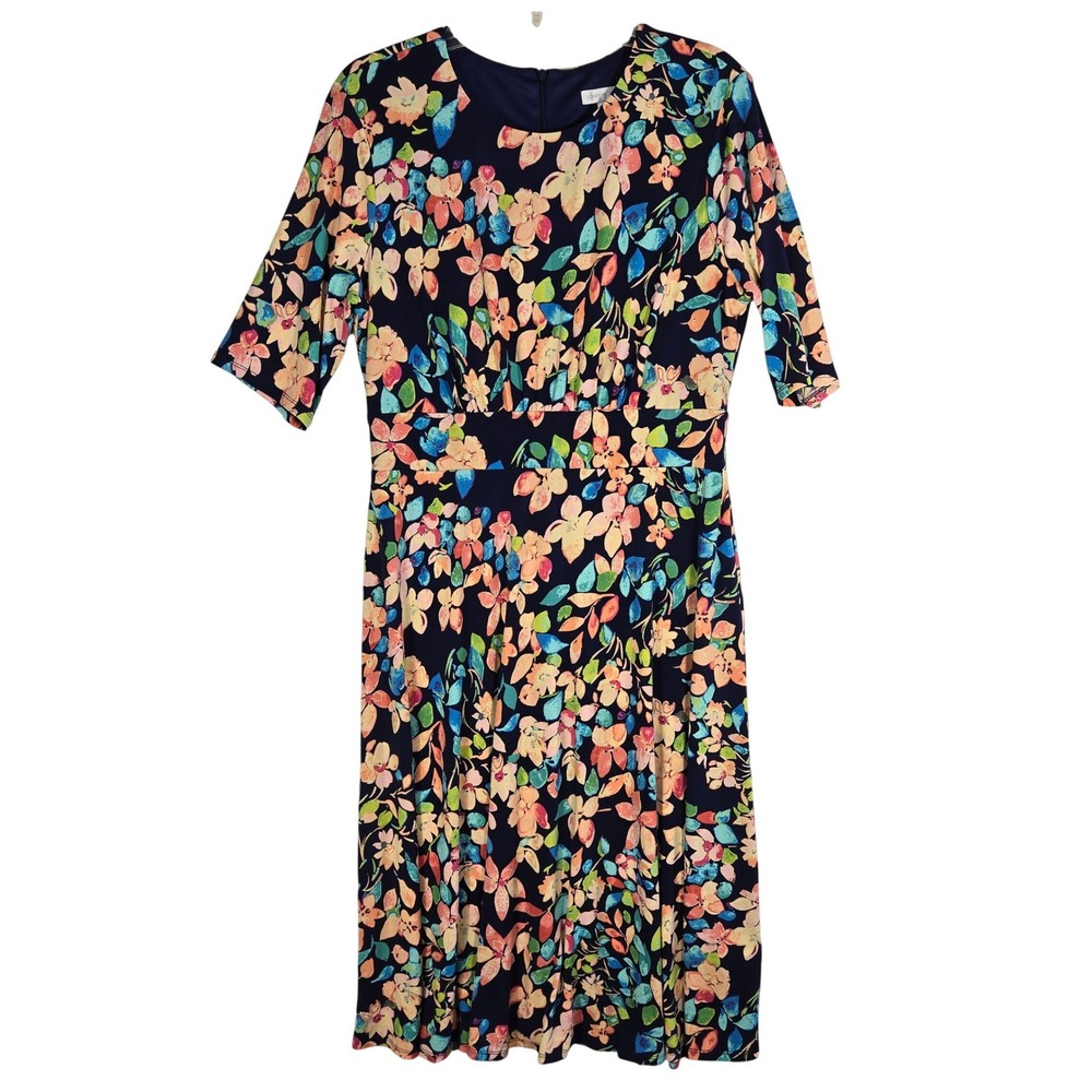 London Times Dress Womens 12 Fit & Flare Navy Blue Floral Elbow Sleeve NEW